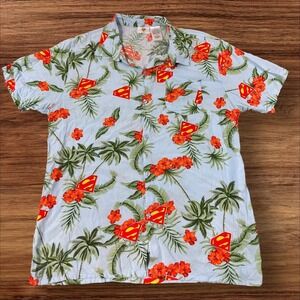 Superman Hawaiian Shirt‎ Tropical Palm Tree Button Down Size Large 100 rayon